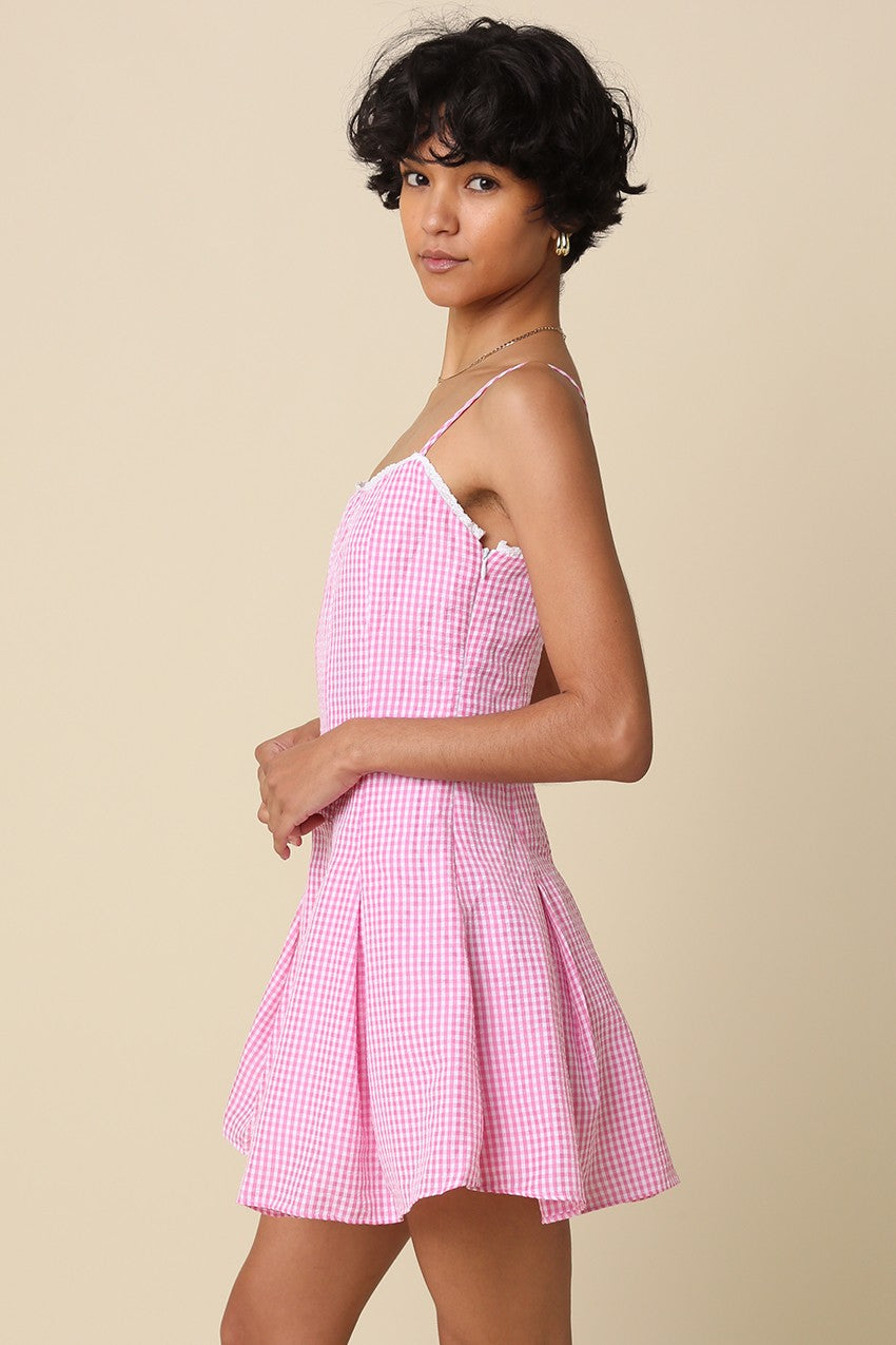 Rosette Gingham Flared Mini Dress