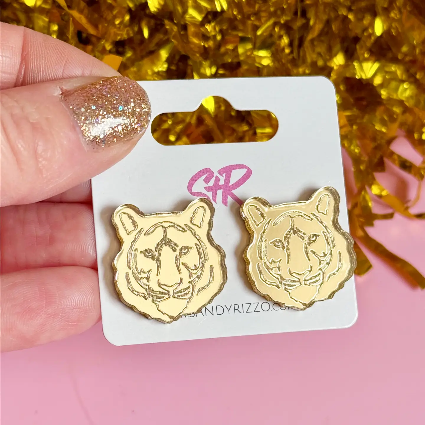Medium Golden Mirrored Acrylic Tiger Stud