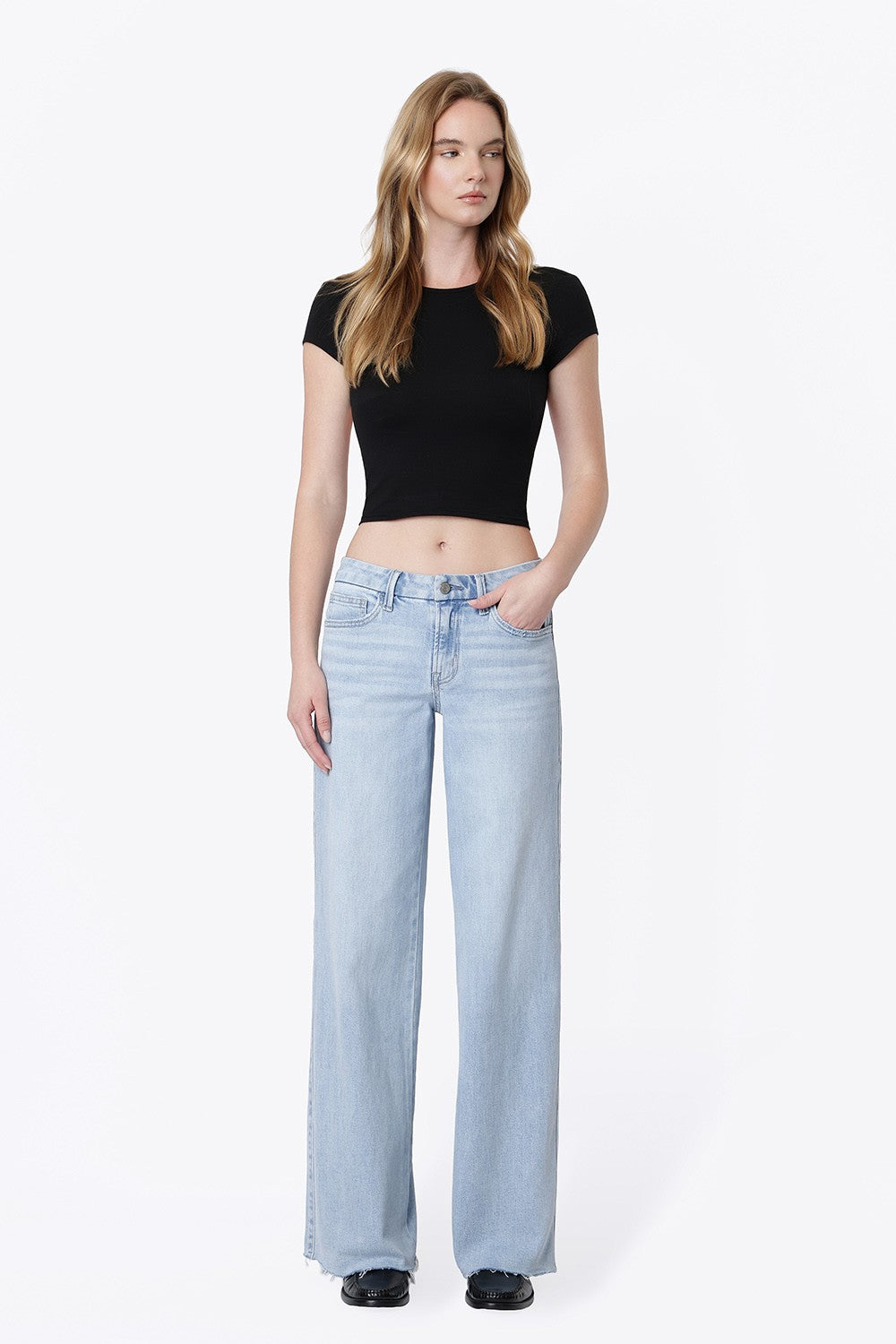 Vervet Mid Rise Light Wash Clean Cut Hem Wide Leg Jeans
