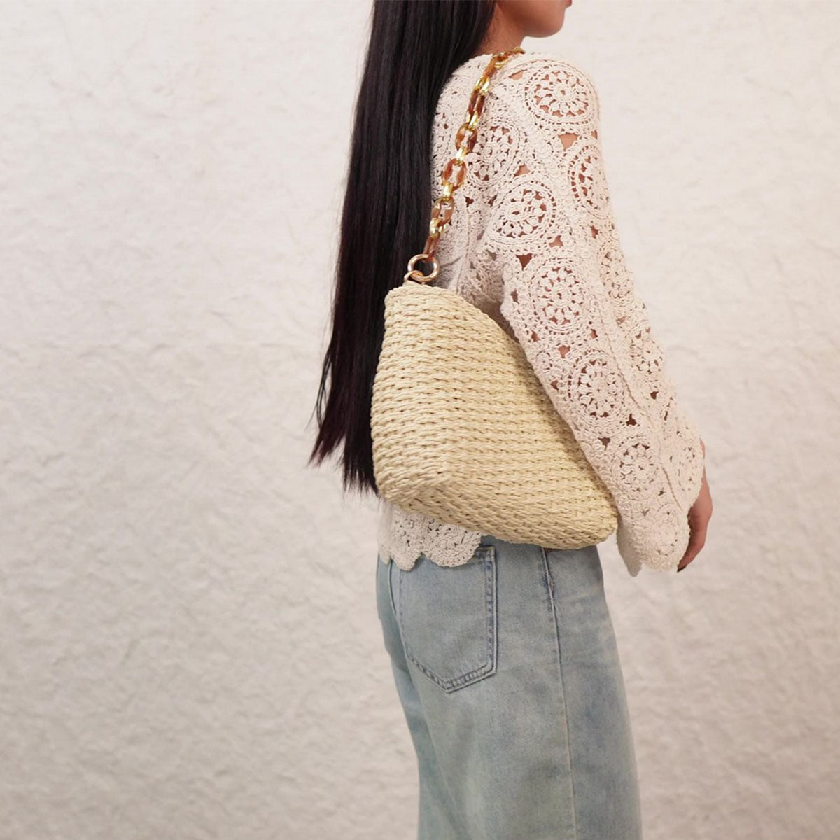 Chain Strap Straw Bag