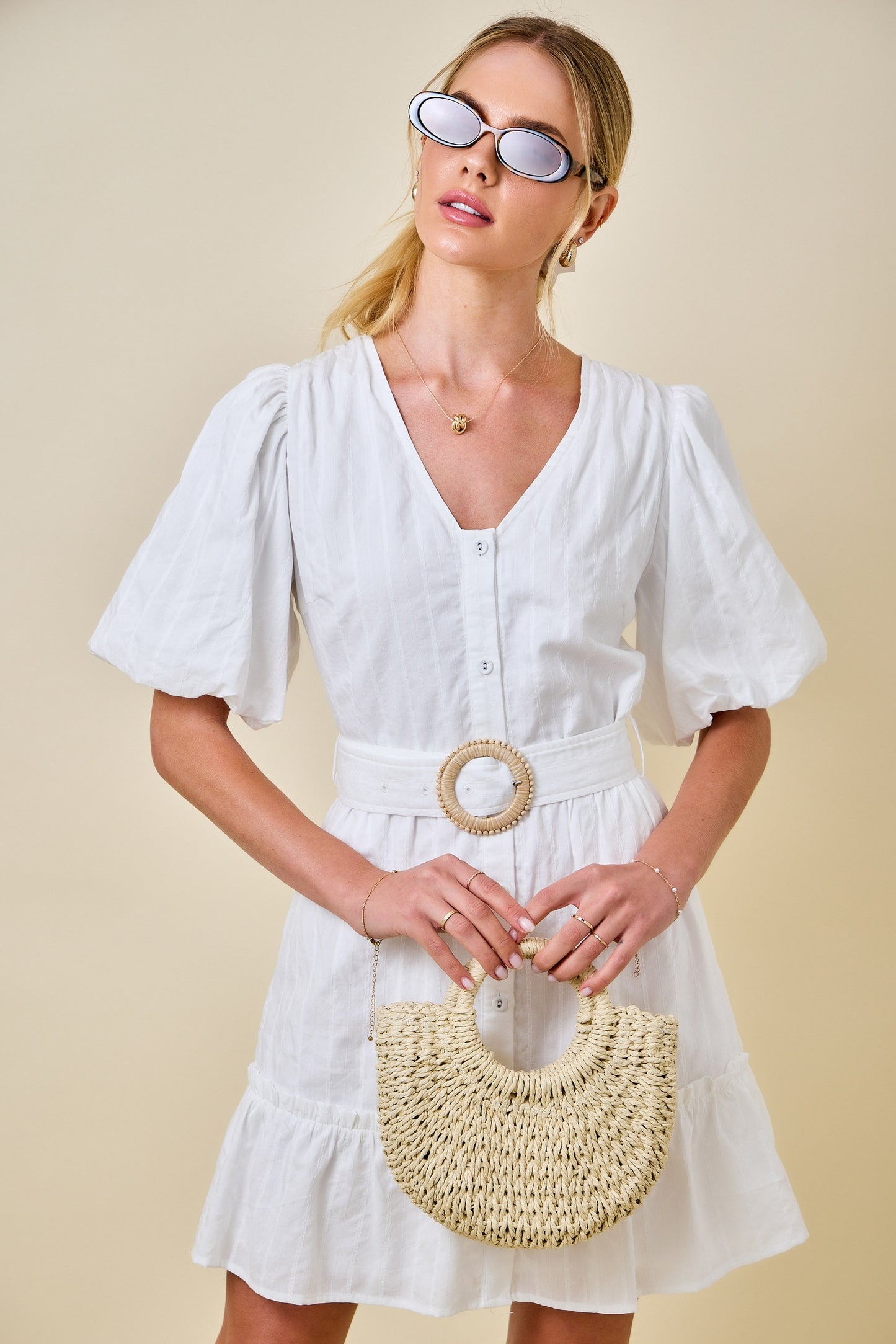 Dorthy White Ruffle Bubble Sleeve Dress