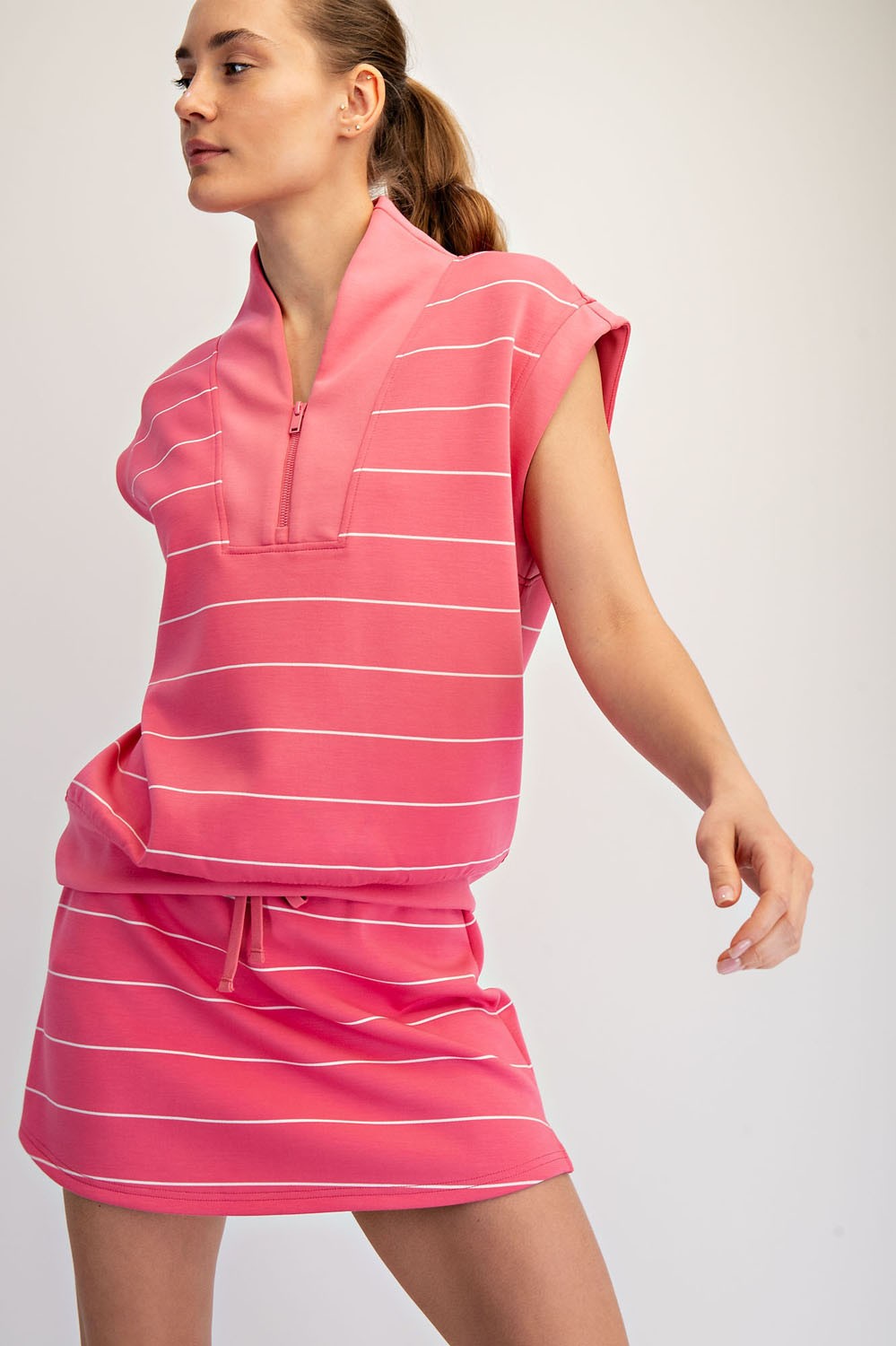Modal Scuba Stripe V Neck Top Pink