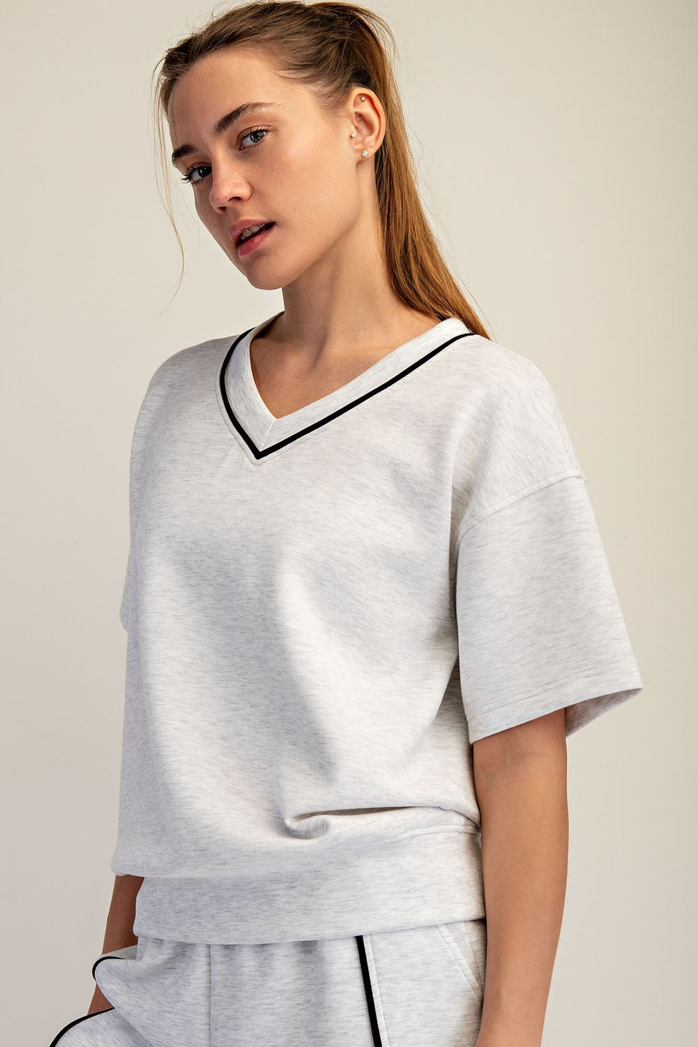 Modal Piping V Neck Top Grey