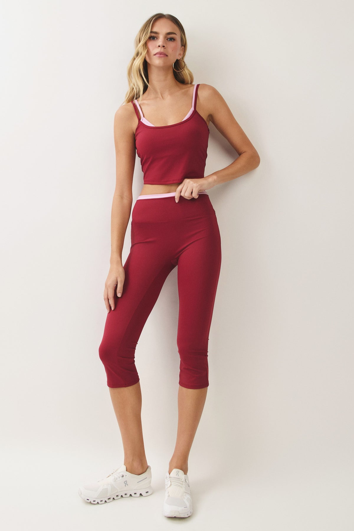 Contrast Waist Capri Leggings Burgundy