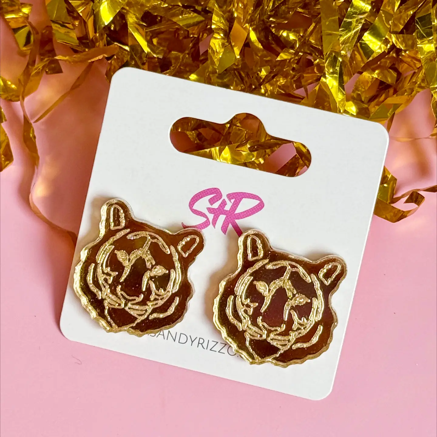 Medium Golden Mirrored Acrylic Tiger Stud