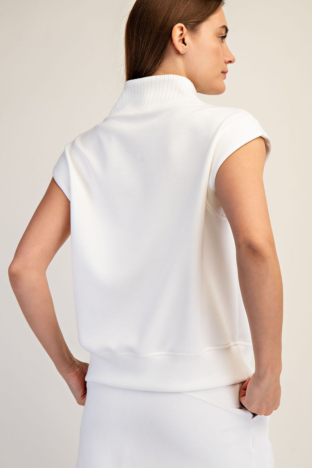 Modal Scuba Quarter Zip Sleeveless Top Cream