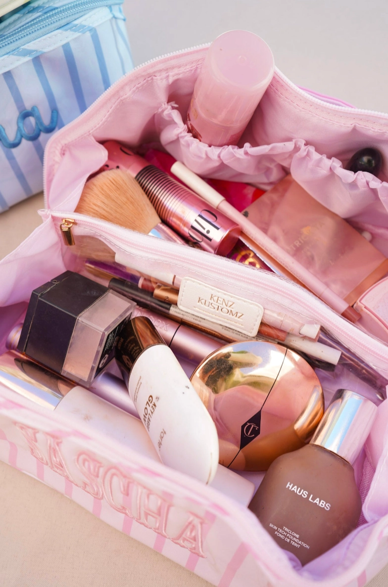 Pink Striped Makeup Bag
