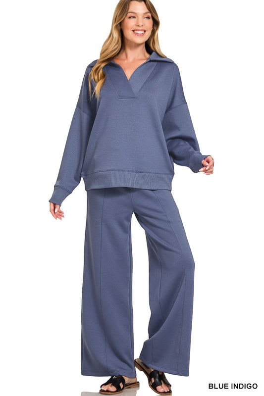 Scuba Collared Pullover & Pants Set Blue Indigo