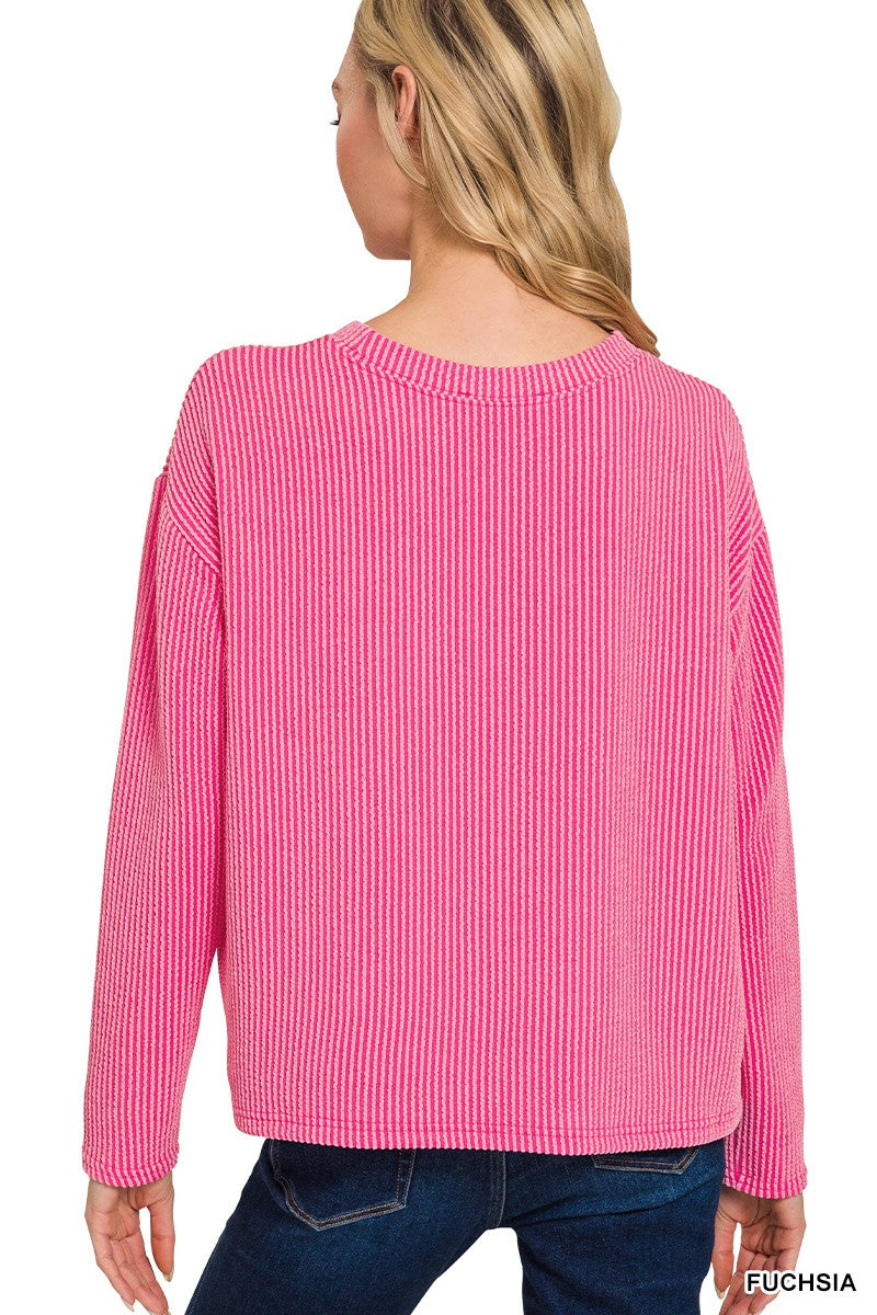 Rib Long Sleeve Tee & Shorts Set Fuchsia