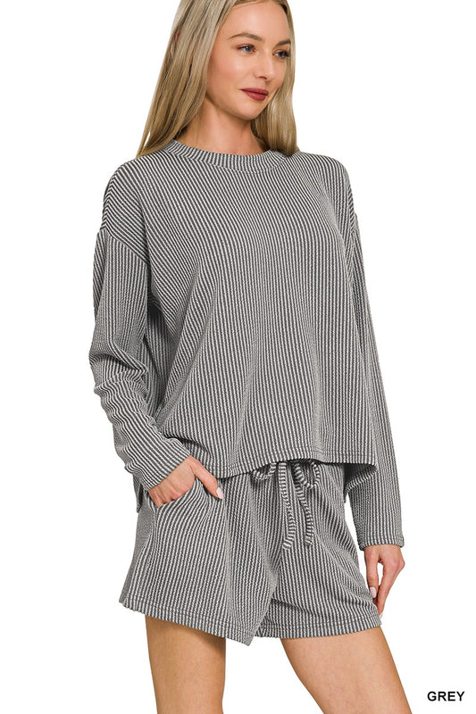 Rib Long Sleeve Tee & Shorts Set Grey