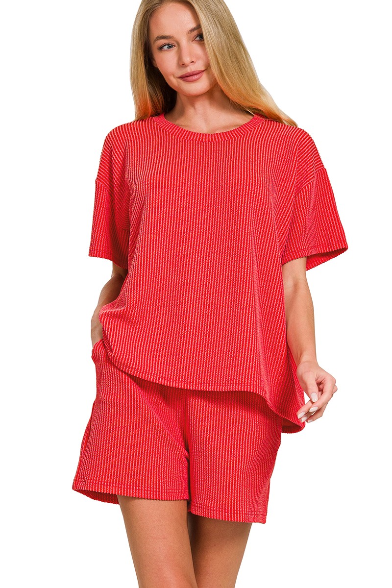 Corded Rib Short Sleeve Tee & Short Pants Set Ruby