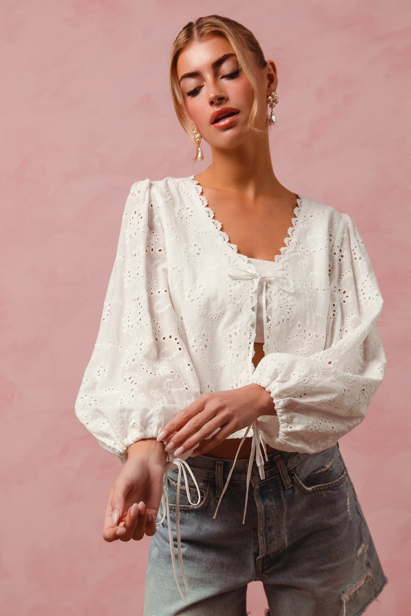 Sarah off white floral eyelet top