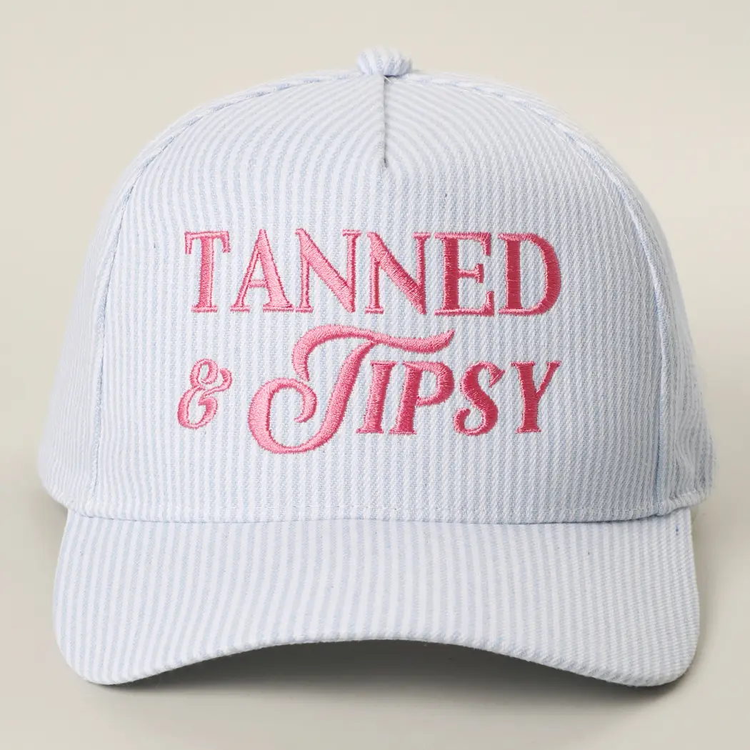 Tanned & Tipsy Embroidered Seersucker Stripe Trucker Hat Blue