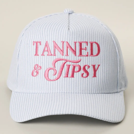 Tanned & Tipsy Embroidered Seersucker Stripe Trucker Hat Blue