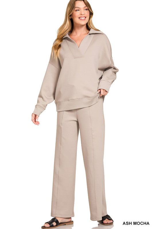 Scuba Collared Pullover & Pants Set Ash Mocha