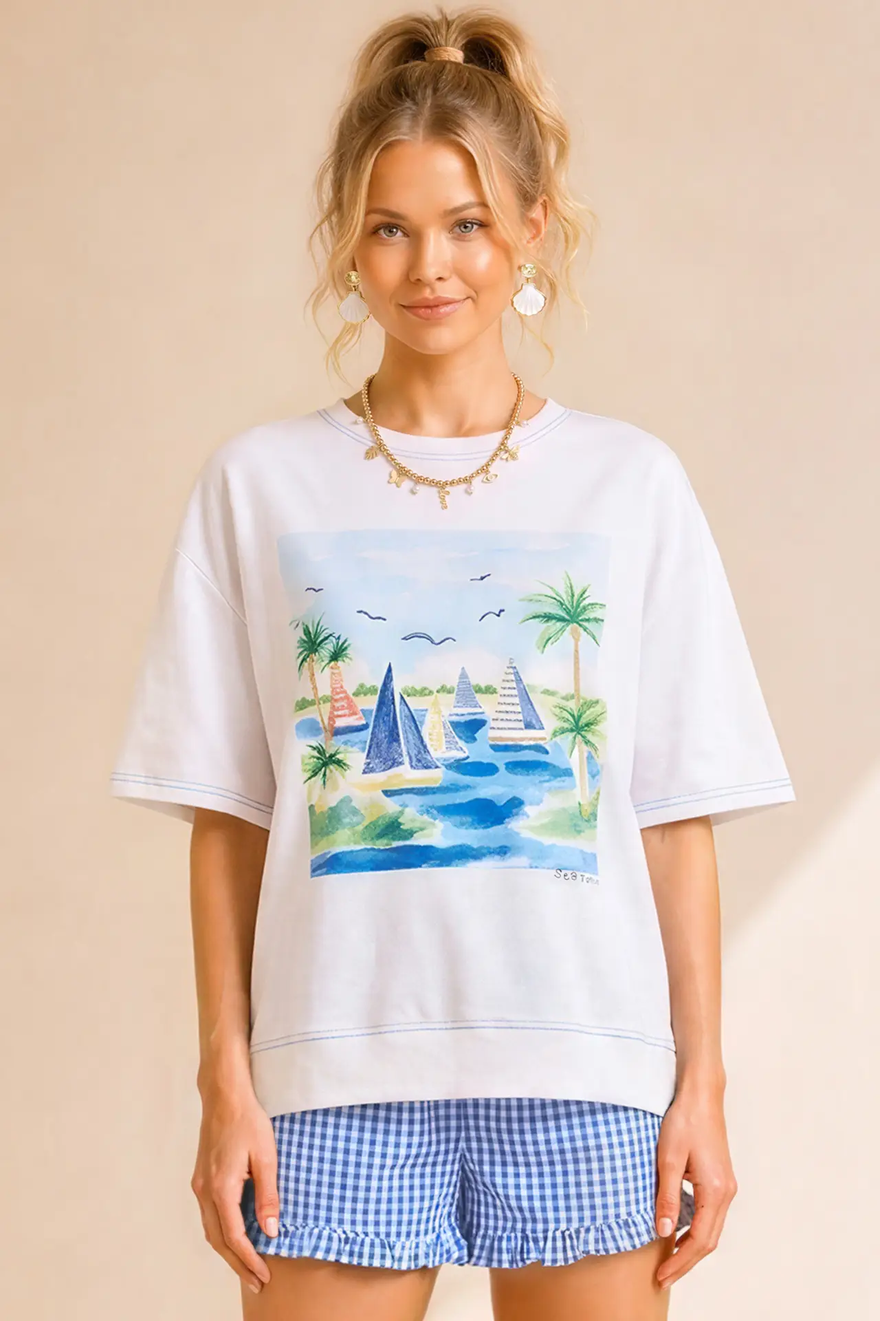 Sea Breeze Coastal Sailboat Graphic Top