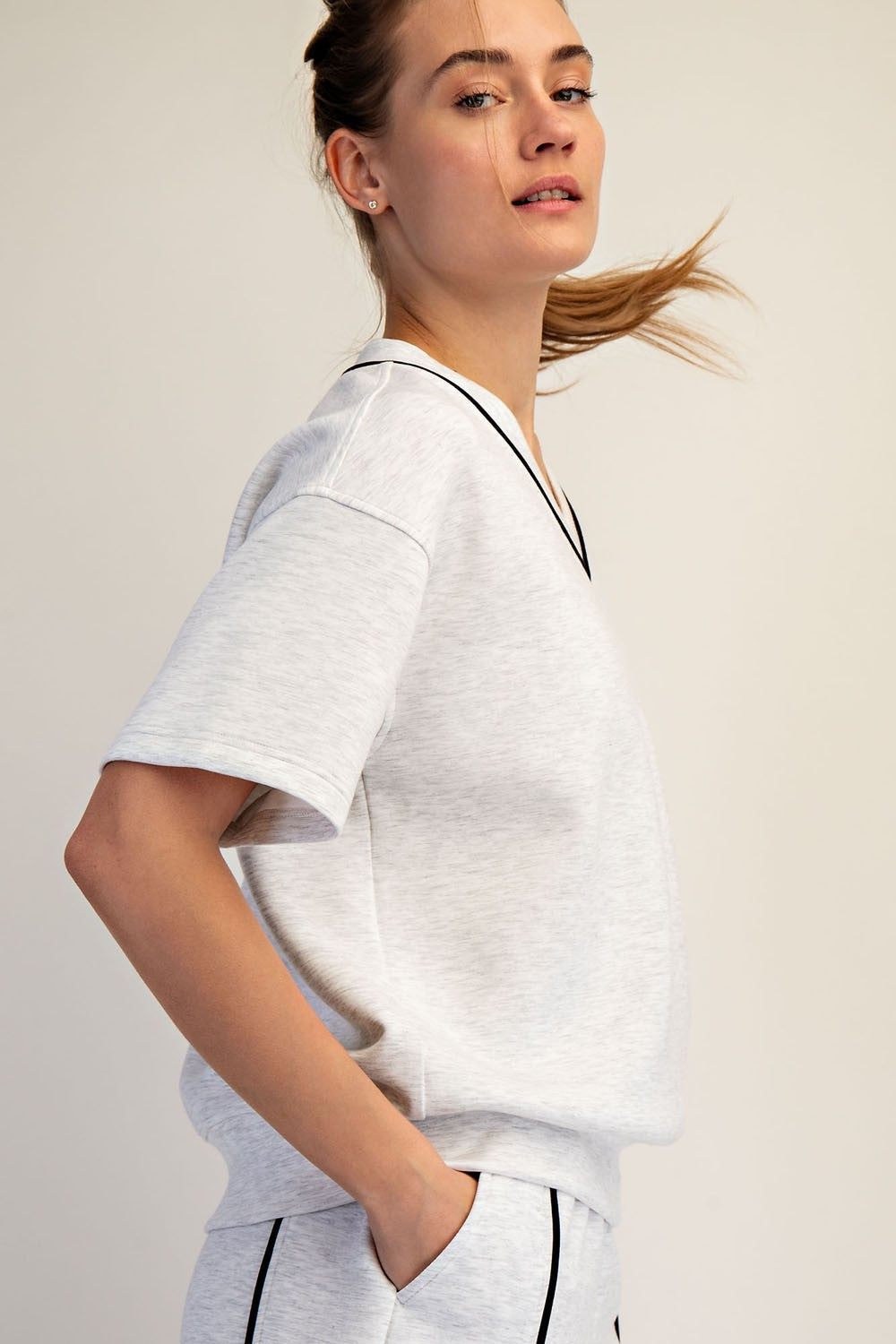 Modal Piping V Neck Top Grey