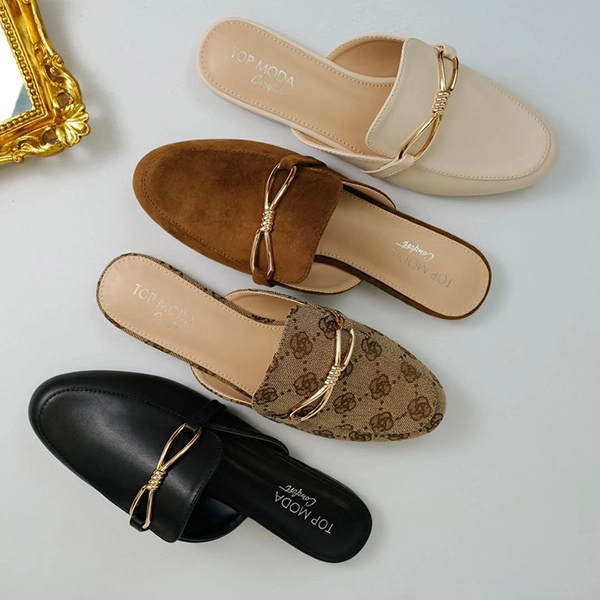 Tan Canvas Flat Slip-On Mules