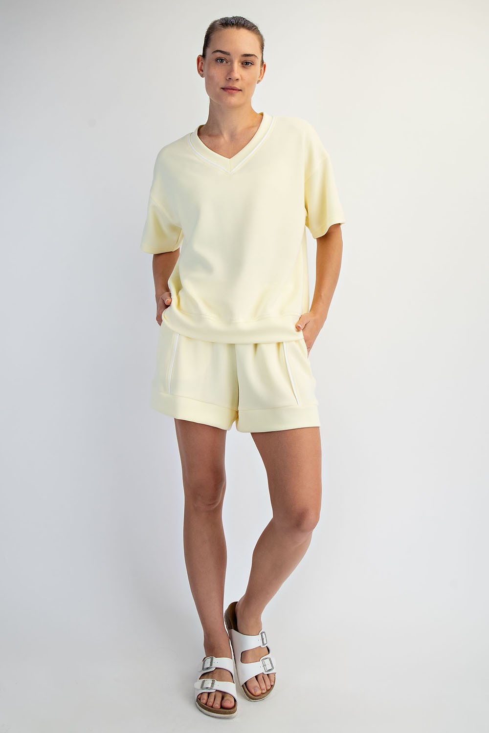 Modal Piping V Neck Top Lemon