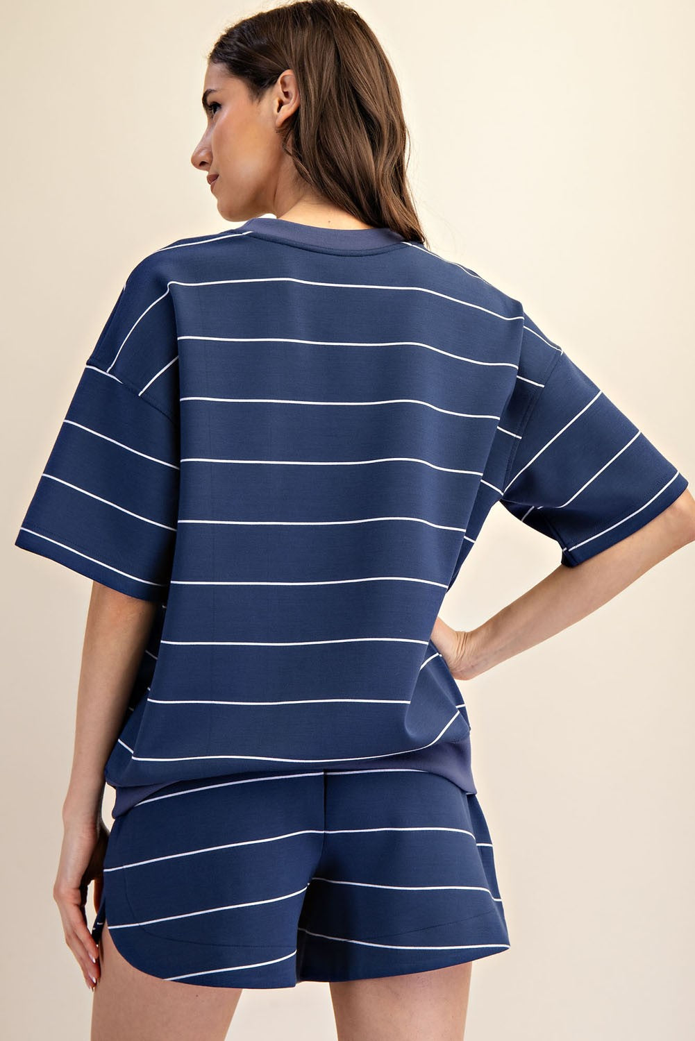 Modal Scuba Stripe Basic Short Sleeve Top Navy