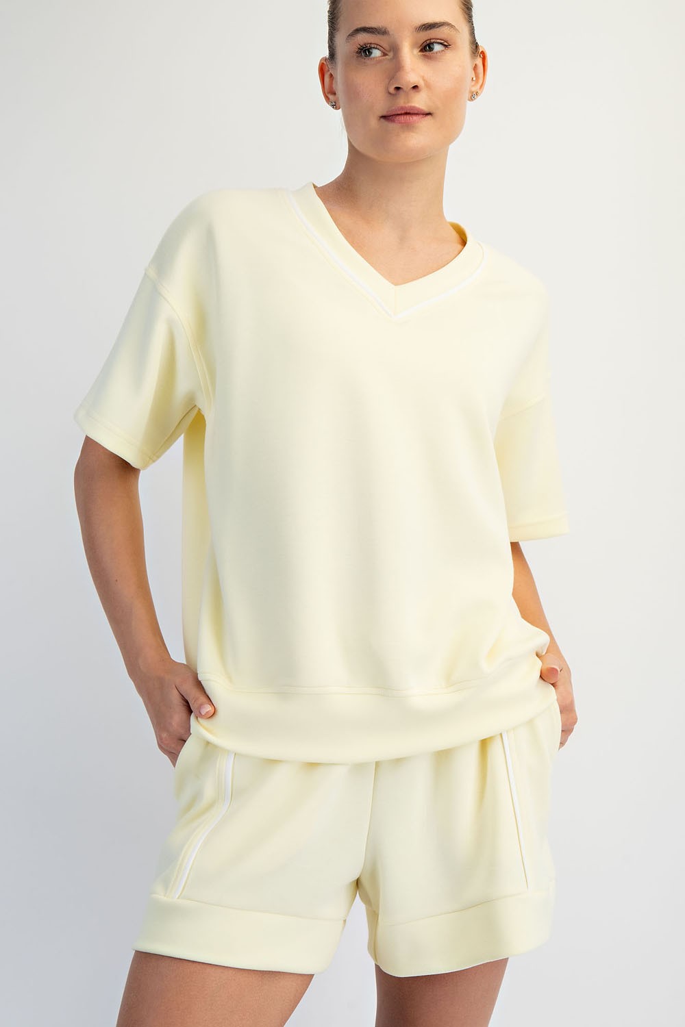 Modal Piping V Neck Top Lemon