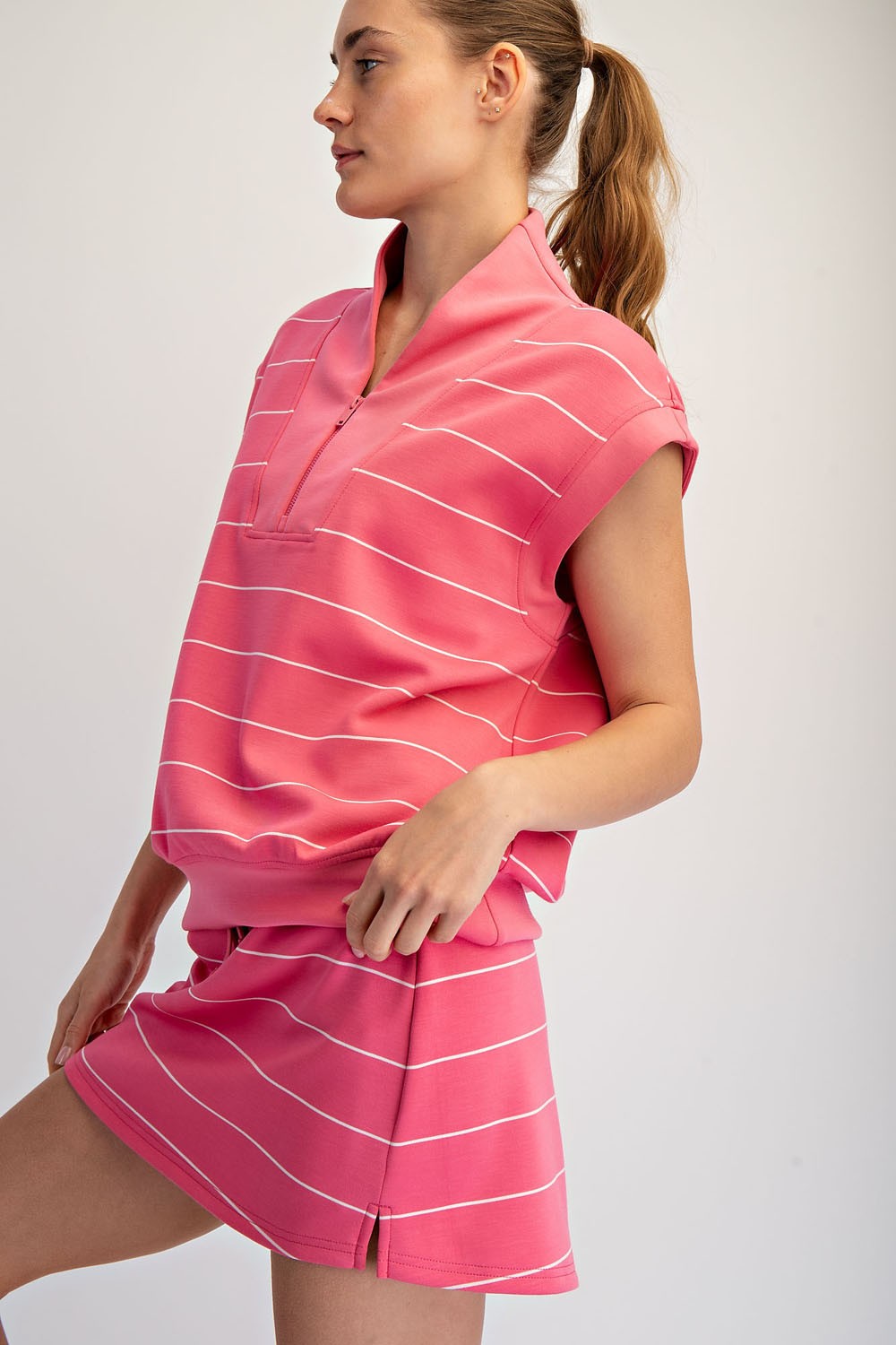 Modal Scuba Stripe V Neck Top Pink