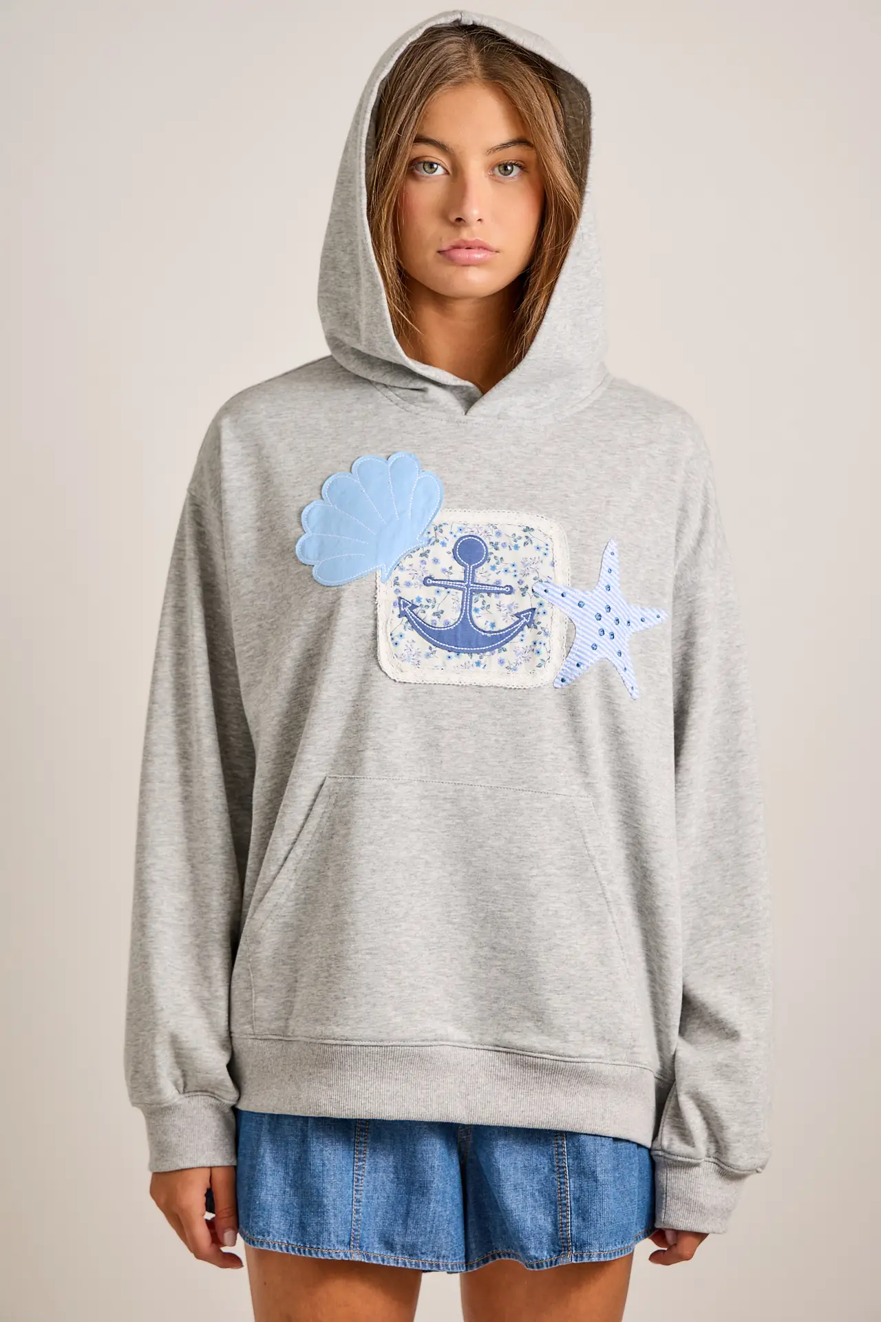 Heather Grey Nautical Anchor Patch Hoodie