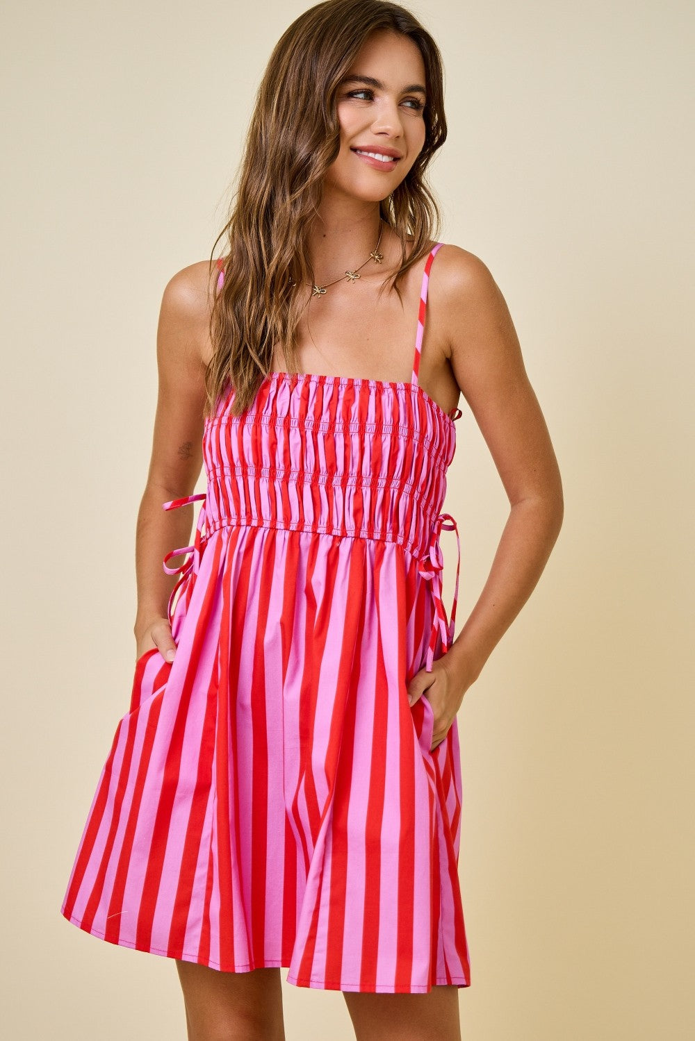 Damon Striped Smocked Mini Dress Pink