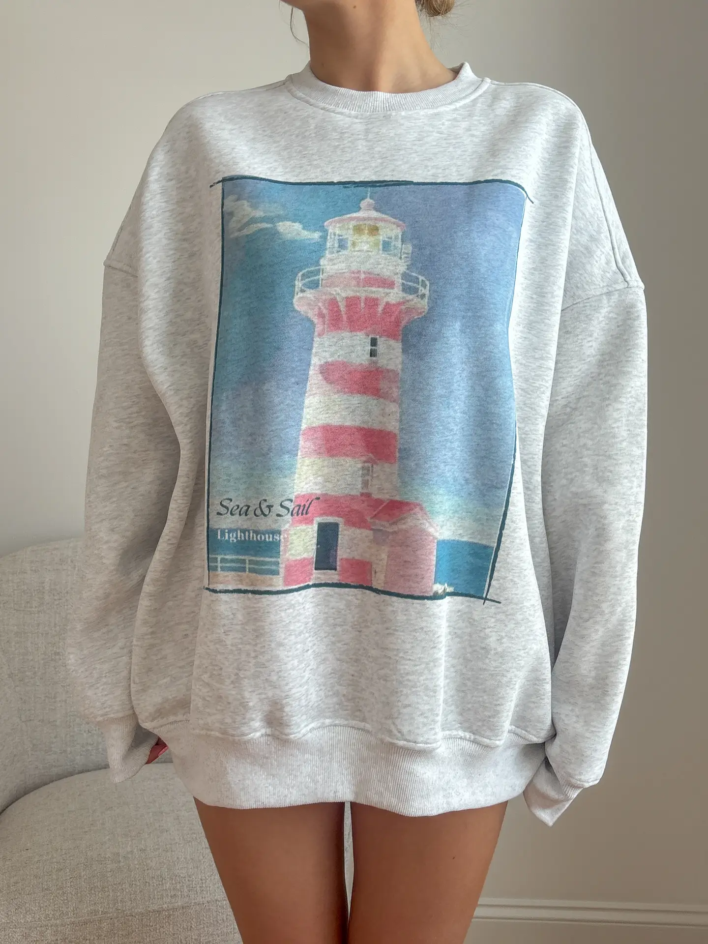 Pearl Grey Coastal Lighthouse Printed Sweatshirt
