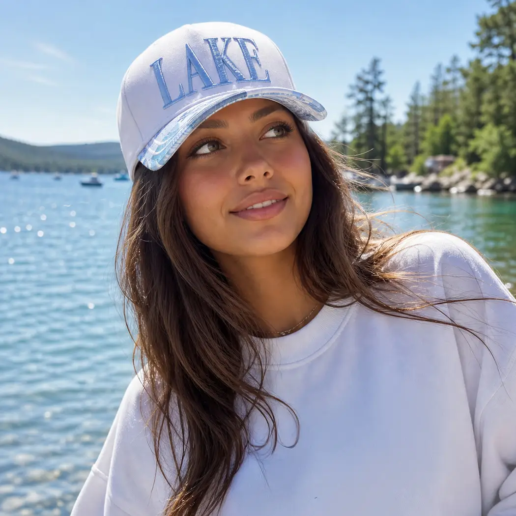 Lake 3D Embroidered Coastal Printed Brim Trucker Hat