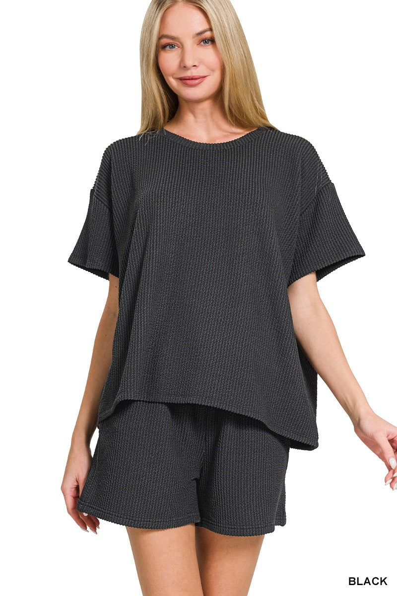 Corded Rib Short Sleeve Tee & Short Set Black