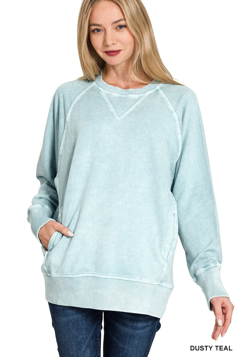 Terry Round Neck Pullover Dusty Teal
