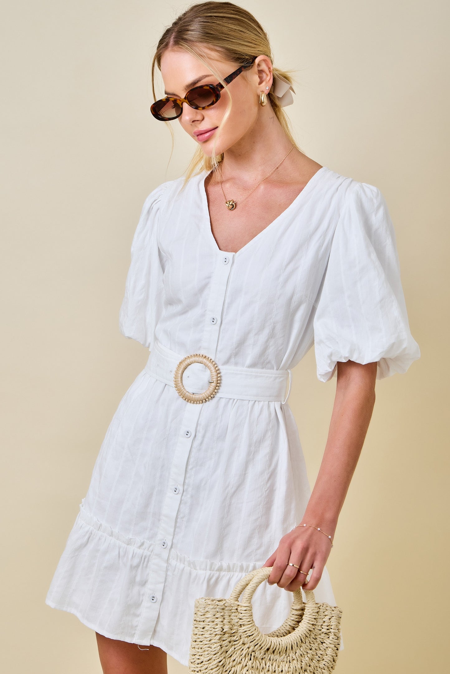 Dorthy White Ruffle Bubble Sleeve Dress