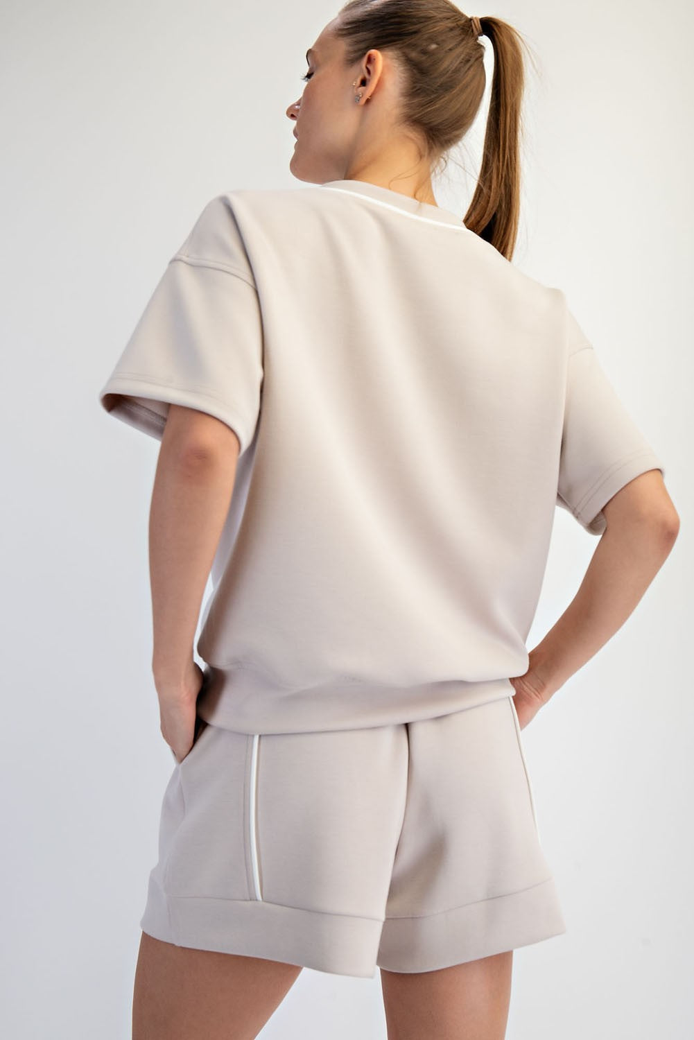 Modal Piping V Neck Top Mocha