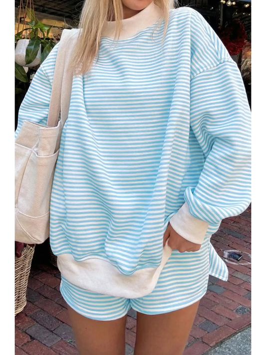 Sally Striped Oversized Mock Neck Set Blue