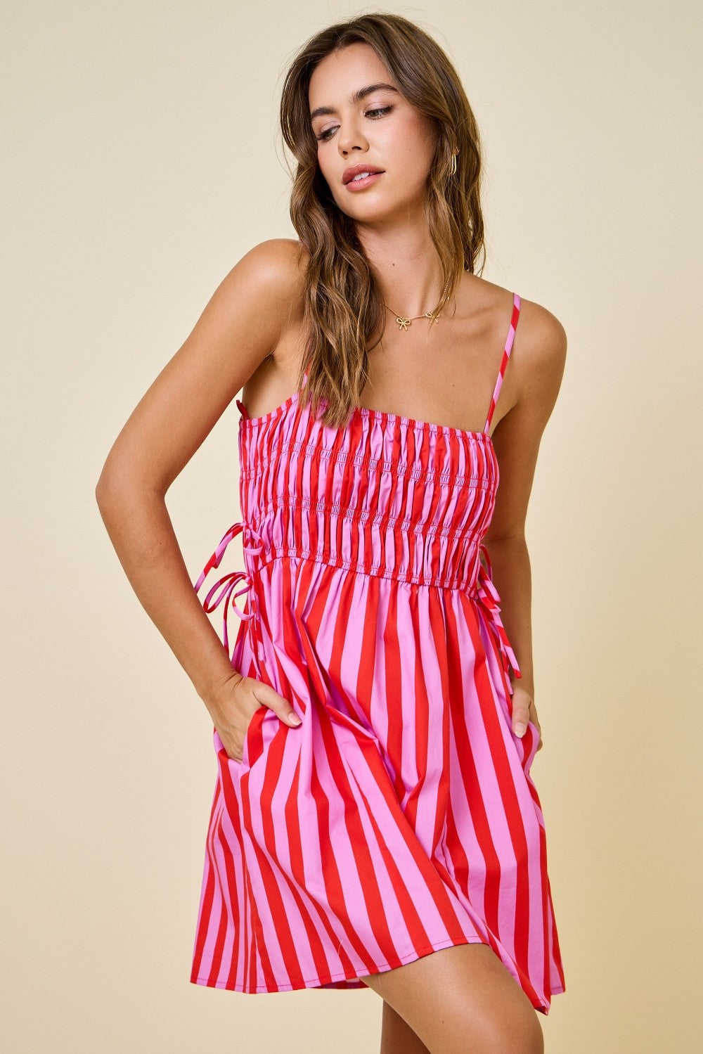 Damon Striped Smocked Mini Dress Pink
