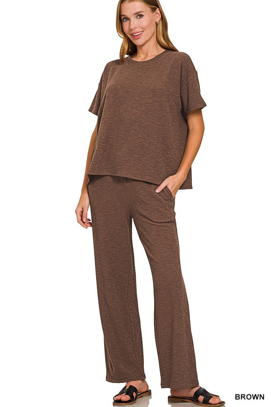 Slub Short Slv Top & Pants Brown