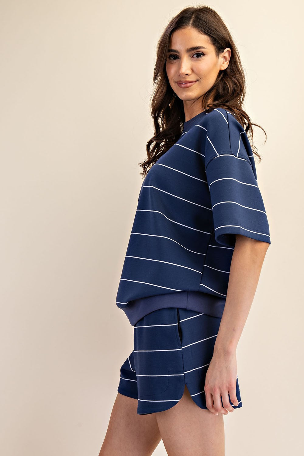 Modal Scuba Stripe Basic Short Sleeve Top Navy