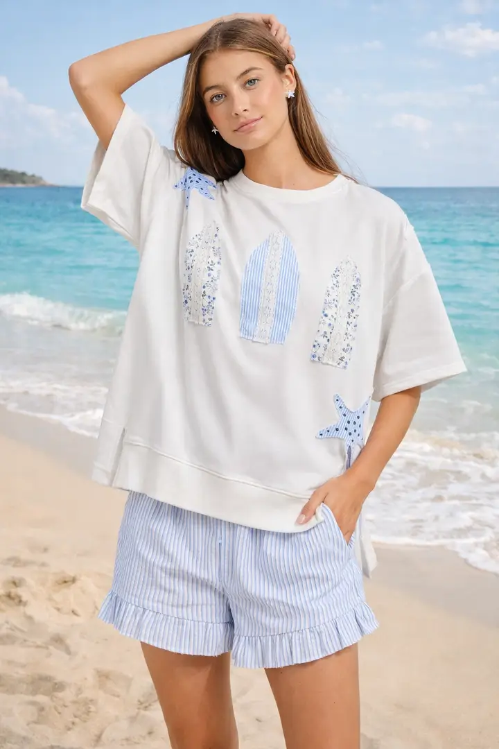 Surfboard Patchwork Tee – Coastal Summer Top