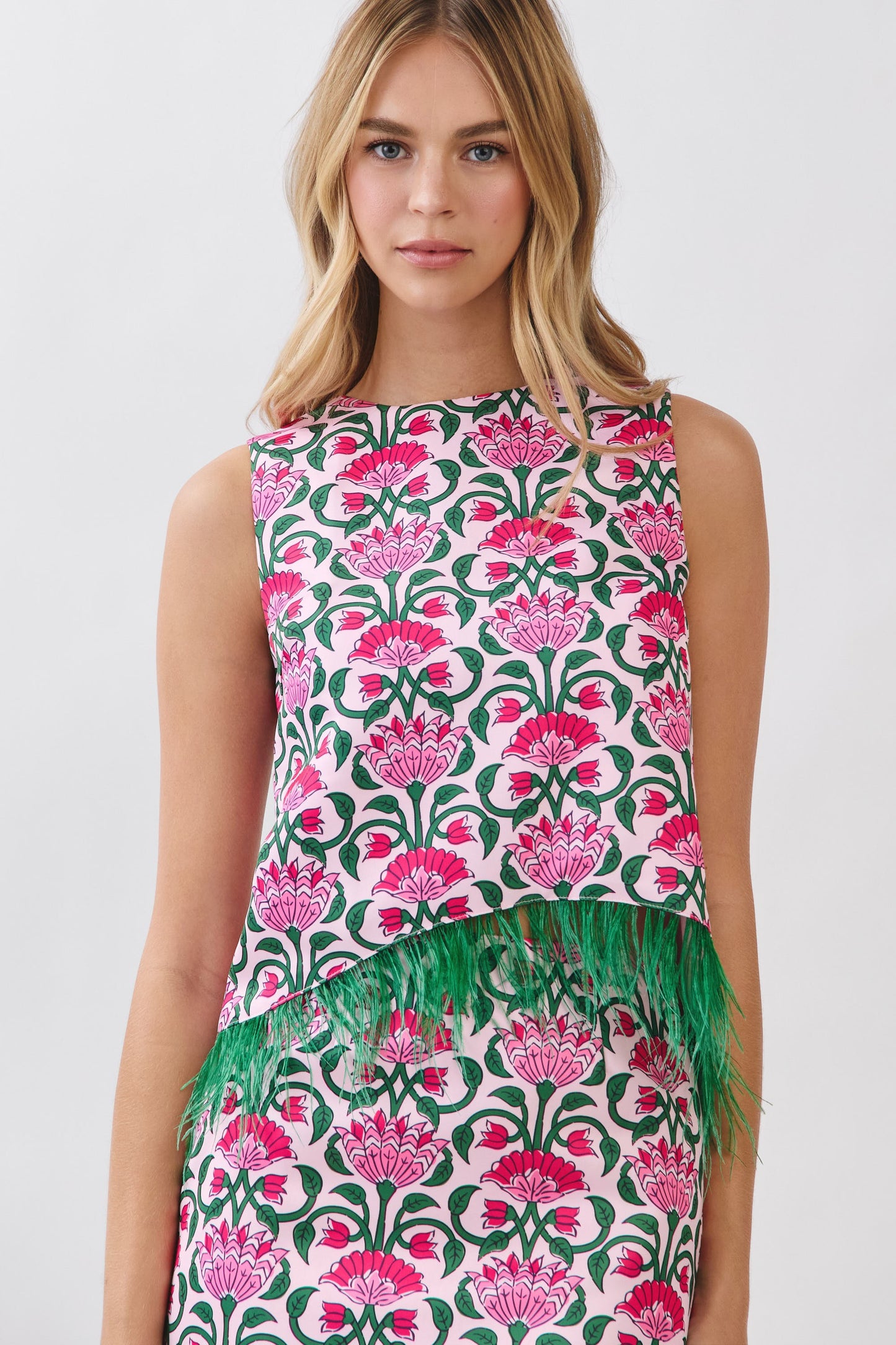 Floral Print Feather Trim Sleeveless Top