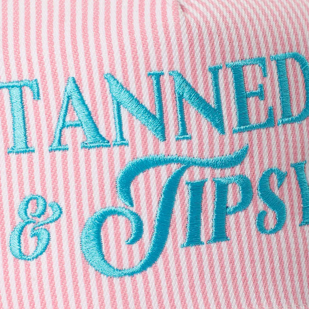 Tanned & Tipsy Embroidered Seersucker Stripe Trucker Hat Pink