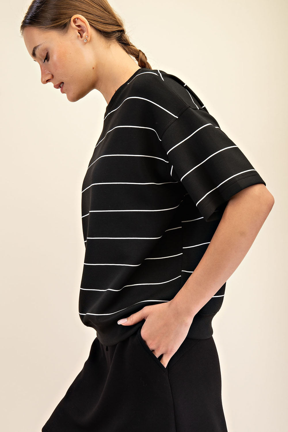 Modal Scuba Stripe Short Sleeve Top Black