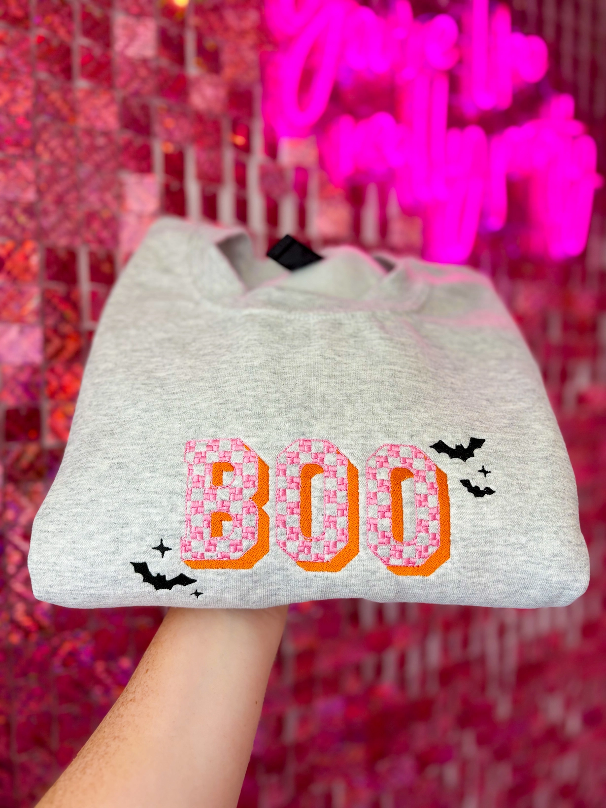 Boo Checkered Embroidered Crewneck