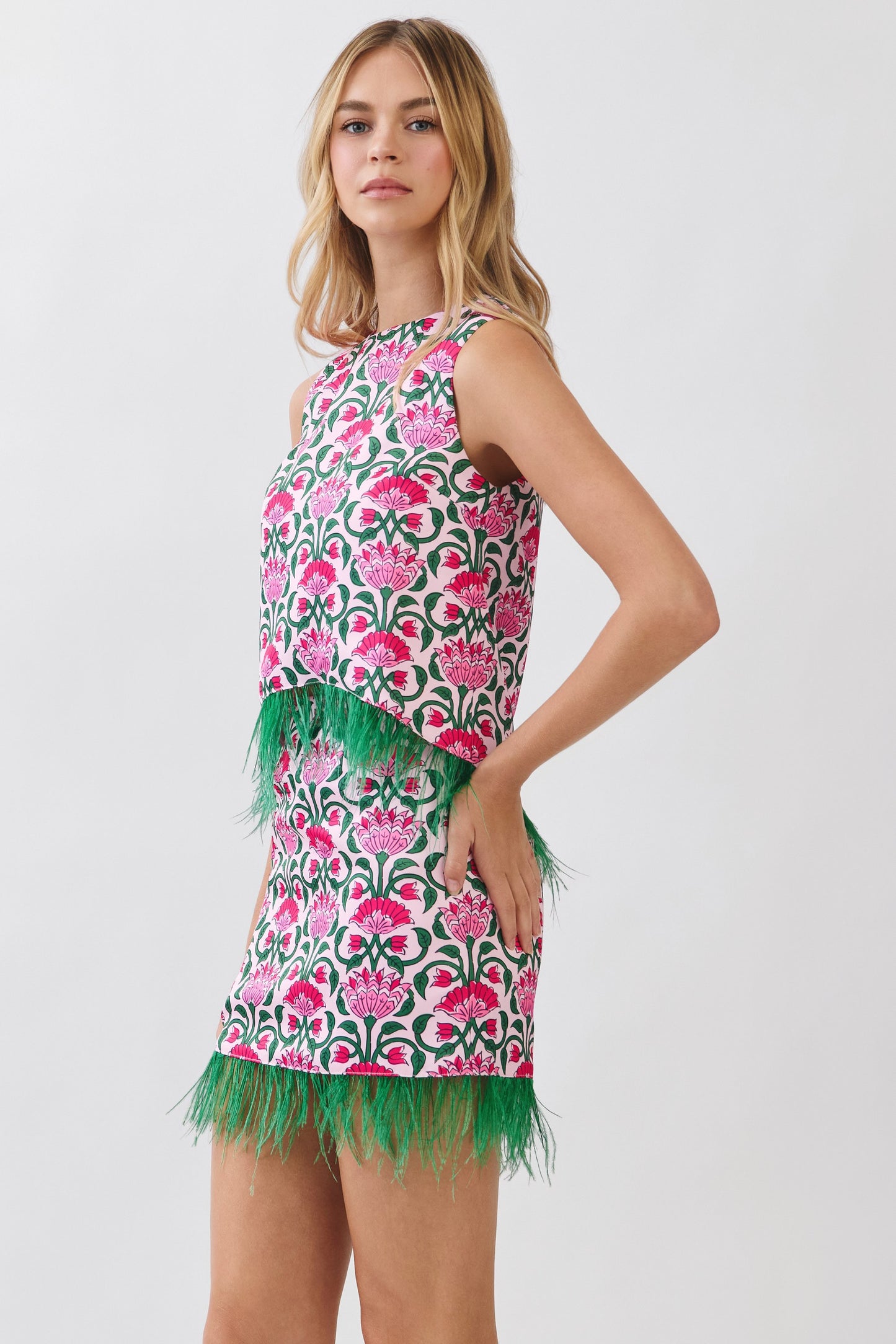 Floral Print Feather Trim Mini Skirt