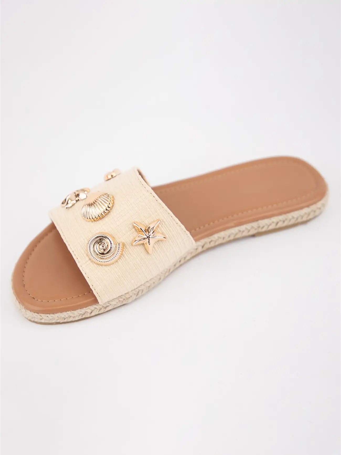 Raffia Espadrille Flat Slide Sandals with Shell