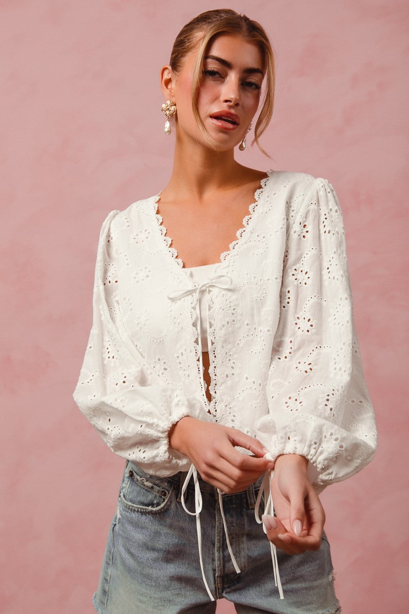 Sarah off white floral eyelet top