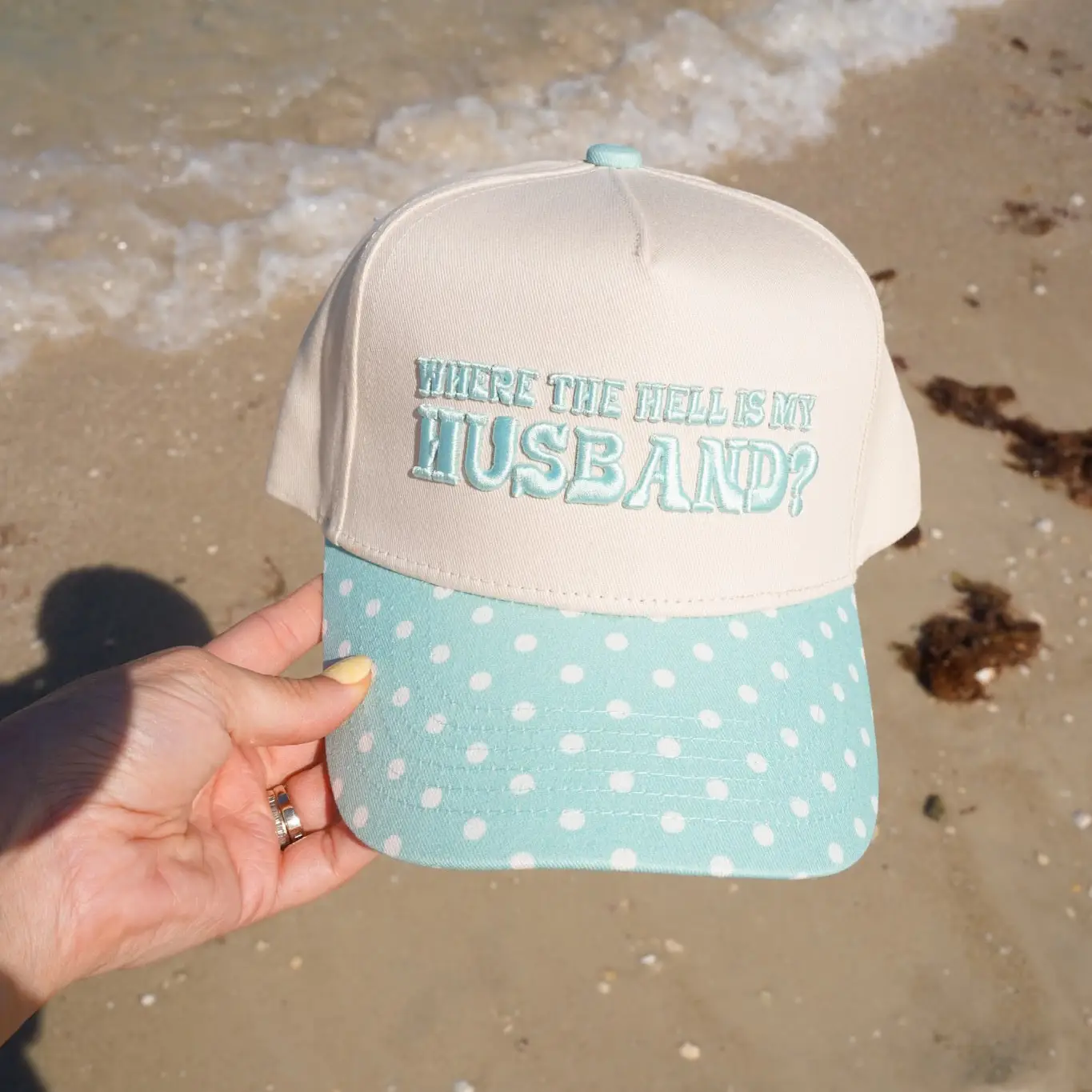 Where Is My Husband? - Baby Blue Polka Dot Trucker