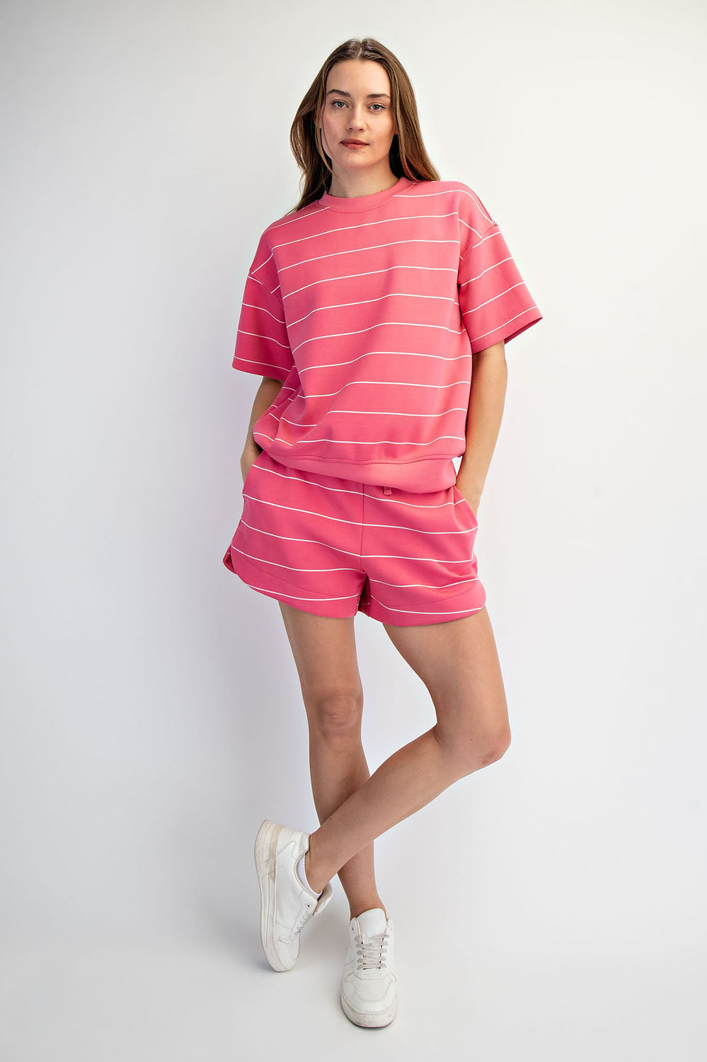 Modal Scuba Stripe Short Sleeve Top Pink