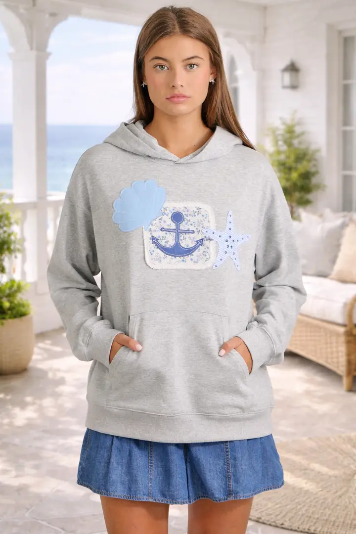 Heather Grey Nautical Anchor Patch Hoodie