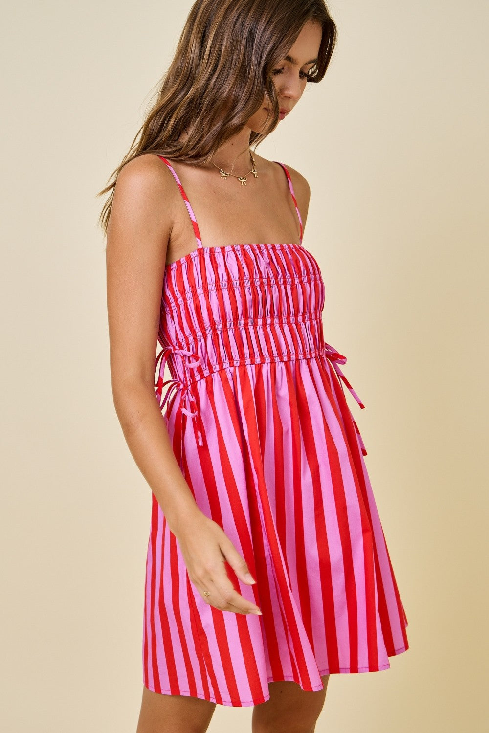 Damon Striped Smocked Mini Dress Pink